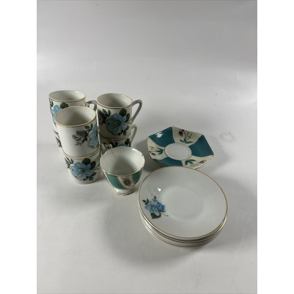 Other - Vintage Fruit Japan Porcelain Tea Set Lot Blue Floral Cups Saucers Mid Century